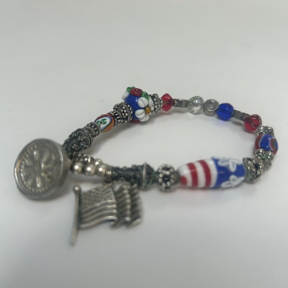 Danworth Vintage Pewter USA Patriotic  Beaded Red White Blue Bracelet Flag 4th